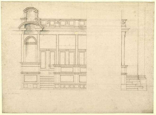 Fig. 3. Study for the central and end portions of the stalls, drawn by Hawksmoor, c.1693 (WRE/4/1/13[D170])