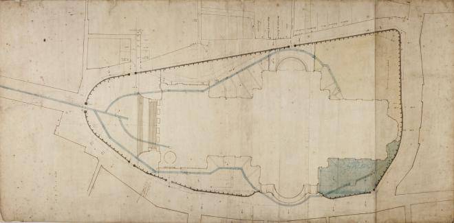 Fig. 4. Plan of the cathedral and precinct showing the revised final scheme for the churchyard railings and the completed drainage layout. Drawn by Dickinson, c.1709–10 (WRE/7/2/3)