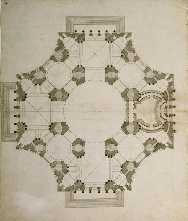 Fig 4. Plan of Wren’s ‘Greek cross’ design, c.1671-72, drawn by Edward Woodroofe, and showing the choir stalls (© All Souls College, Oxford, G.52)