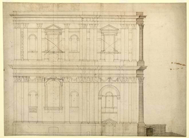 Fig. 4. Study elevation of north side of western body. Drawn by Hawksmoor, probably with Wren’s assistance. Datable 1685 (WRE/3/3/5[D14])