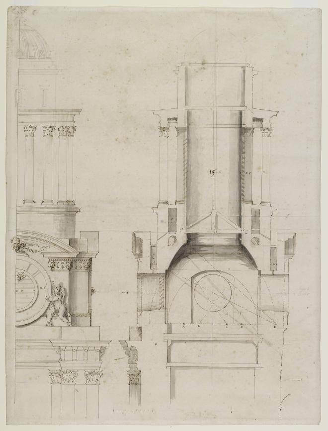 Fig. 5. Half-elevation and section of the north-west tower, drawn by Hawksmoor, c.1702–02 (WRE/6/2/6[D152])
