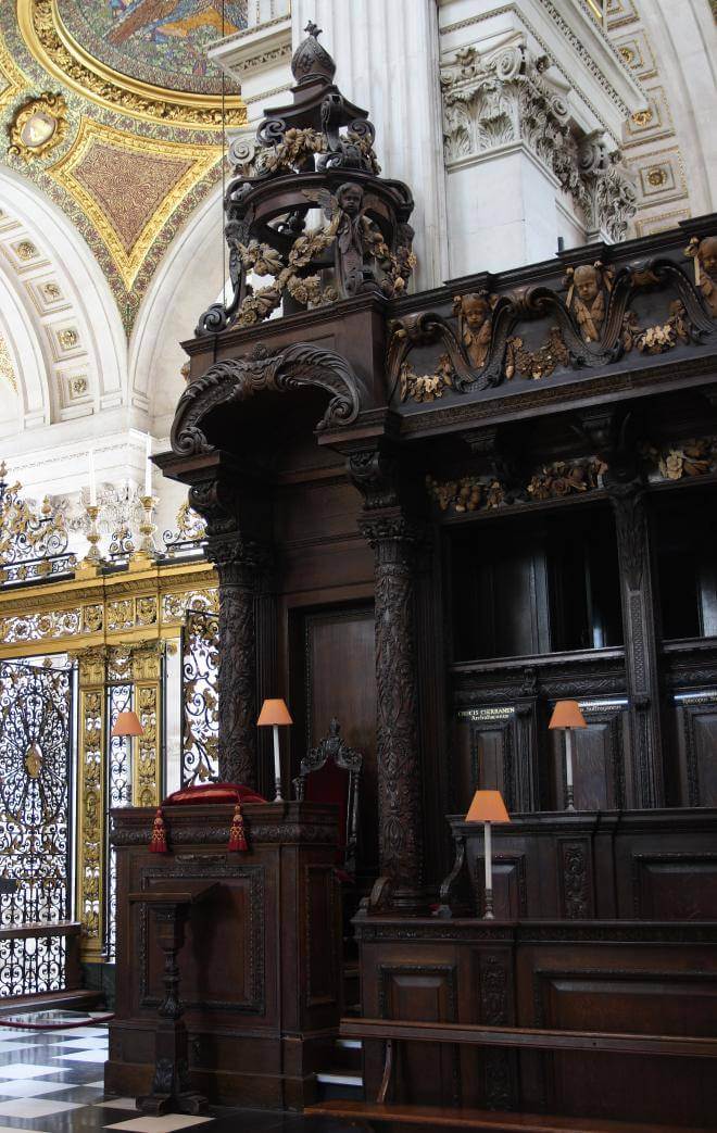 Fig. 5. The Bishop's Throne at the east end of the south range of stalls. Carved by Grinling Gibbons, 1696–9