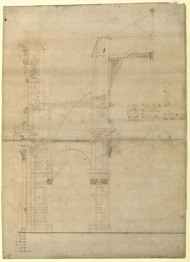 Fig. 6. Half-section of the nave and aisles as built by the mid-1690s. Drawn probably by Edward Strong, with an addition by John James, c.1716 (WRE/3/1/16 [D51])