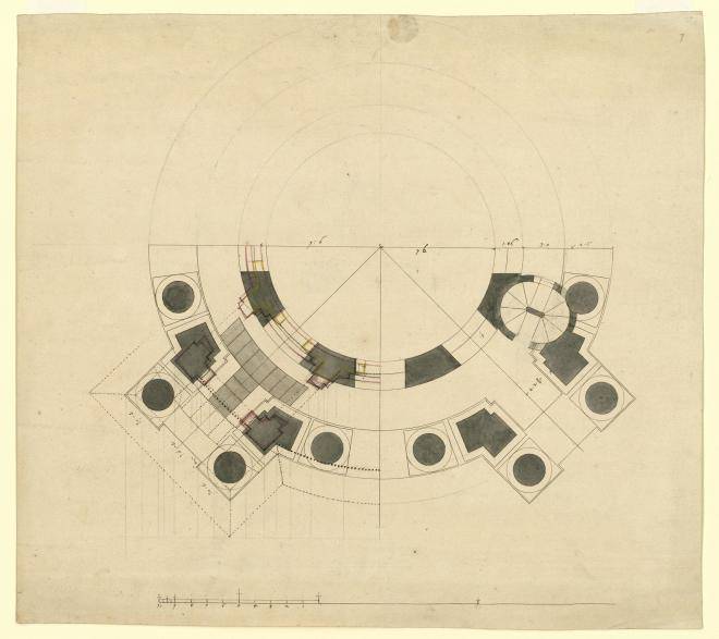 Fig. 6. Near-final half-plan of the lantern stages of the western towers, drawn by Dickinson, c.1703 (WRE/6/2/8[D156])