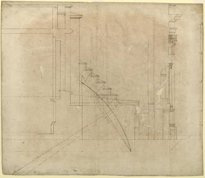 Fig. 6. Section through the screen wall, triforium roof and clerestory wall, showing the flying buttress. Drawn by Edward Pearce. Datable, 1685–86 (WRE/3/1/10[D57])