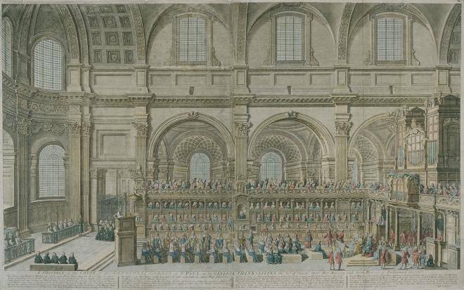 Fig. 6. Robert Trevitt's engraved view of the choir at a thanksgiving service attended by Queen Anne, 31 December 1706 (© City of London, London Metropolitan Archives)