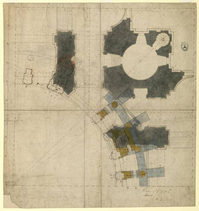 Fig. 7. Quarter-plan of the crossing (1675), over-drawn by Wren and Hawksmoor with variant eighth-plans of the dome, the lower one c.1694 (WRE/5/2/6[D106])