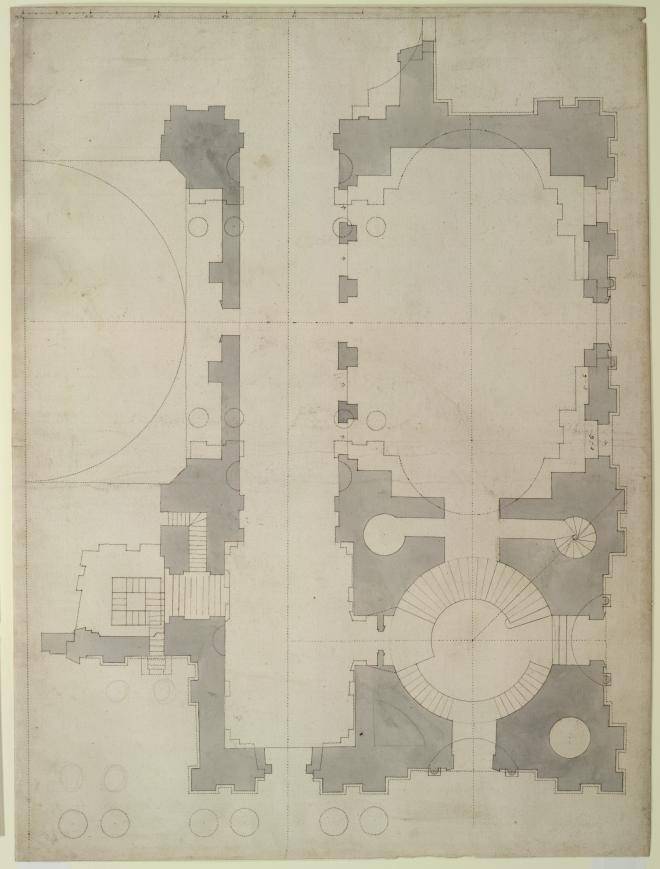 Fig. 7. Study for plan of the south half of the western body at triforium level, showing axis lines. Drawn by Wren and Hawksmoor. Datable, 1685–86 (WRE/3/4/2[D55])