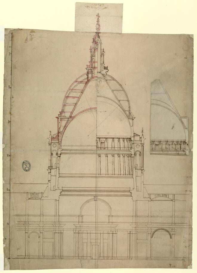 Fig. 8. Section of the dome with variant sections above the internal peristyle, the left one probably by Wren, c.1702–03, the main drawing by William Dickinson, c.1701–02 (WRE/5/3/9[D158])