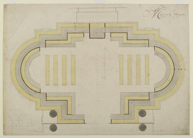 Fig. 8. Annotated plan of the fittings of the Morning Prayer Chapel, drawn by Hawksmoor, c.1693–94 (WRE/4/3/1[D190])