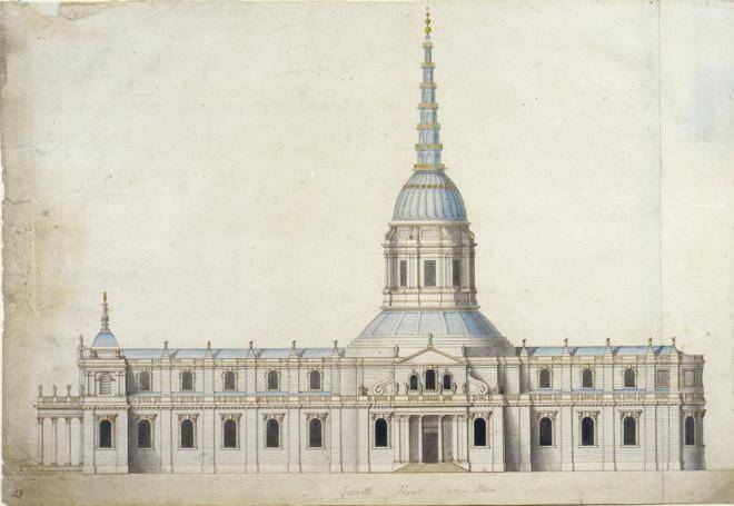 Fig. 1. The Warrant design (authorised 14 May 1675). South elevation, drawn by Wren (© All Souls College, Oxford, G.74)