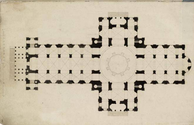 Fig. 2. The Warrant design (authorised 14 May 1675). Plan, drawn by Wren (© All Souls College, Oxford, G.71)