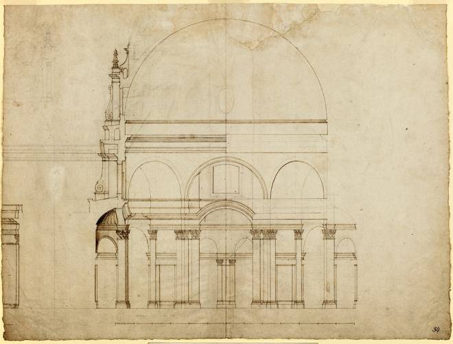 Fig. 5. Section through the crossing and dome on the diagonal axis, drawn by Wren and Woodroofe (© All Souls College, Oxford, G.77)