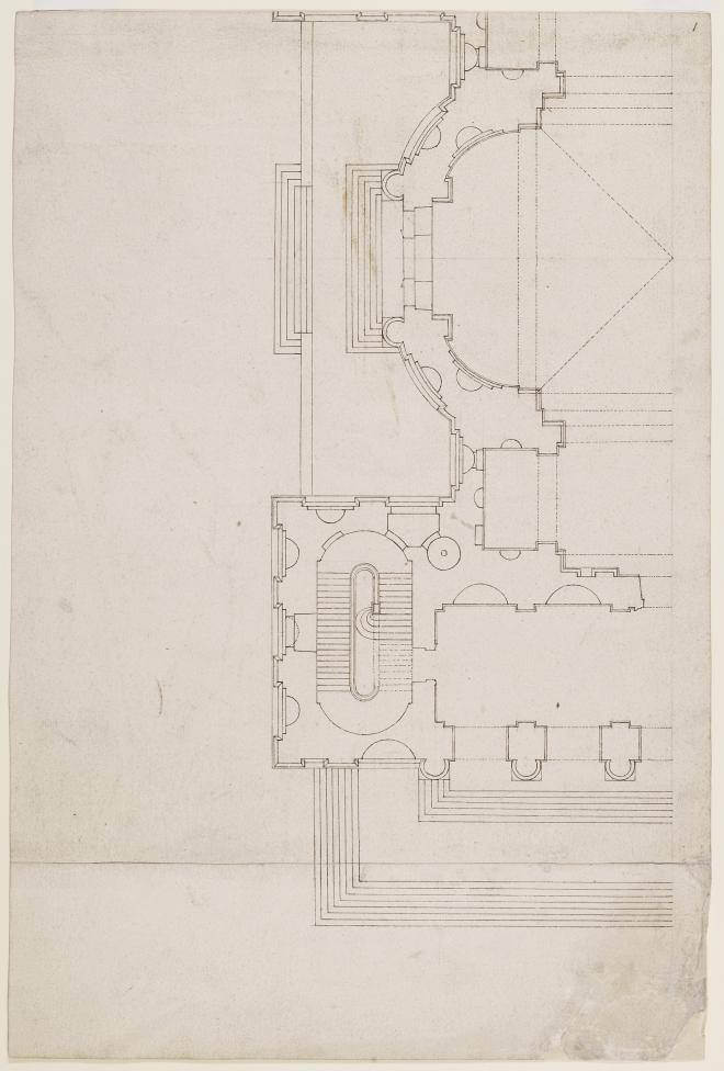 Fig. 6. Preliminary plan of the north half of the west portico and west vestibule, drawn by Wren, 1673 (WRE/1/1 [D1])