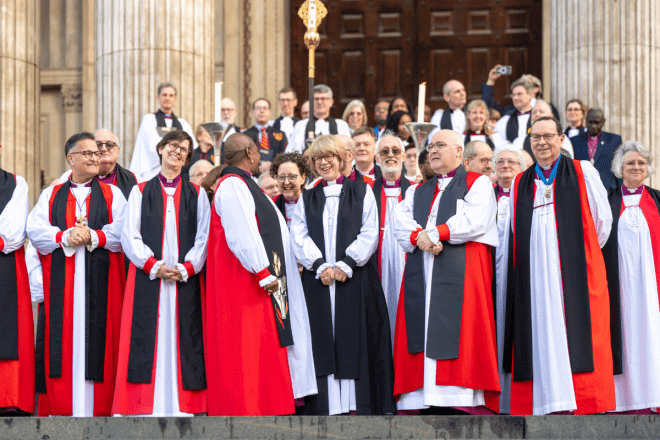 Archbishop Sarah and a group of bishops stand on the West Steps after the Confirmation of Election.