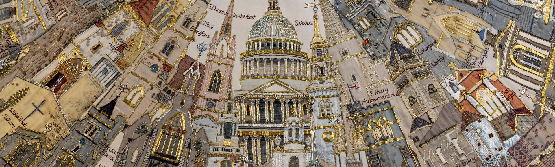 Close up of embroidery on Jubilee Cope depicting St Paul's and Diocese of London churches