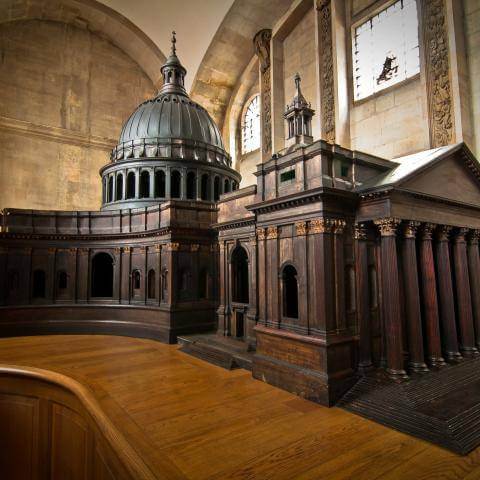 The Trophy Room with the wooden scale model of St Paul's