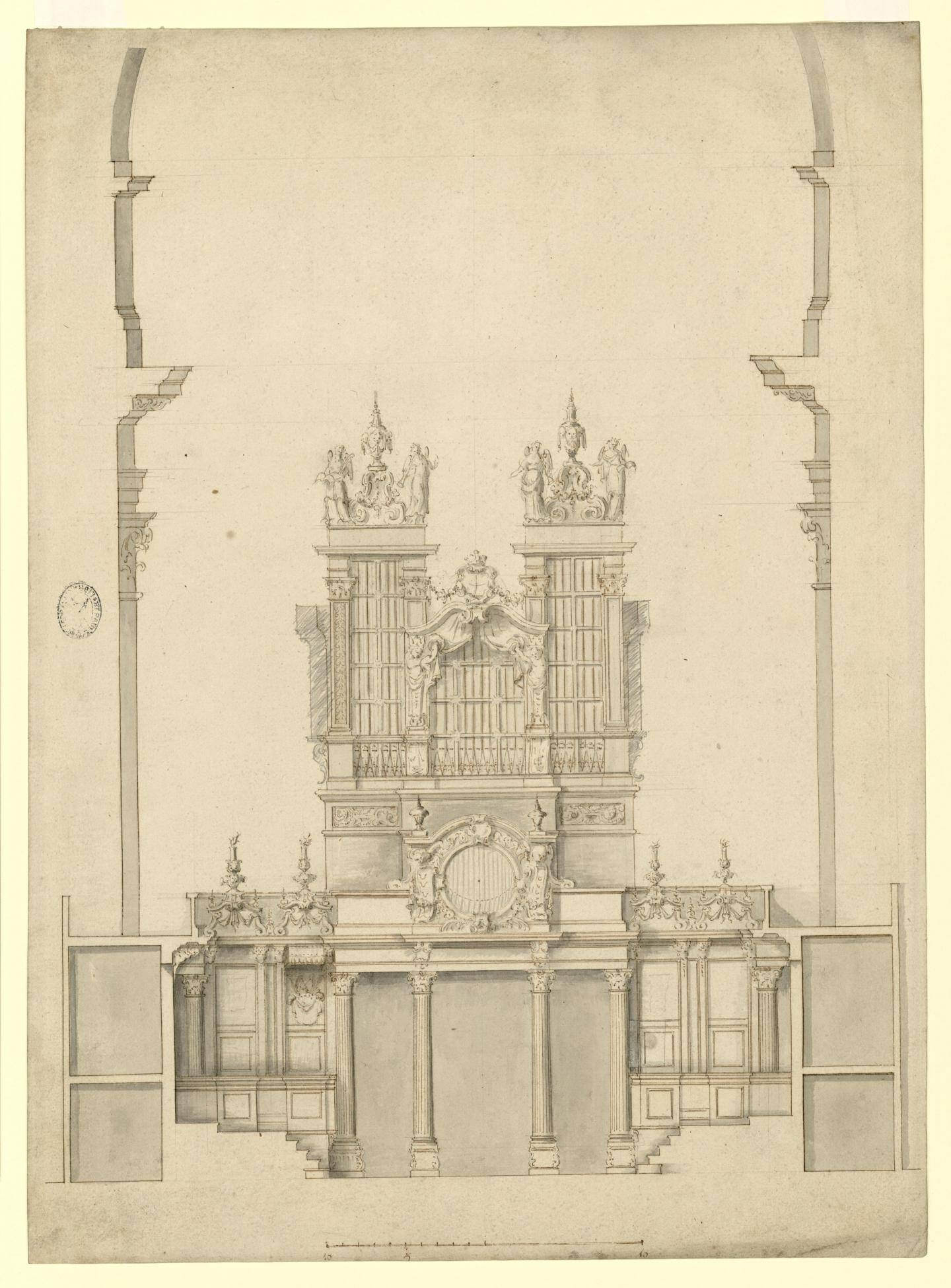 Fig. 4. Elevation and section of east side of west range of choir stalls including the organ, drawn by Hawksmoor, c.1693–94 (WRE/4/2/6[D180])