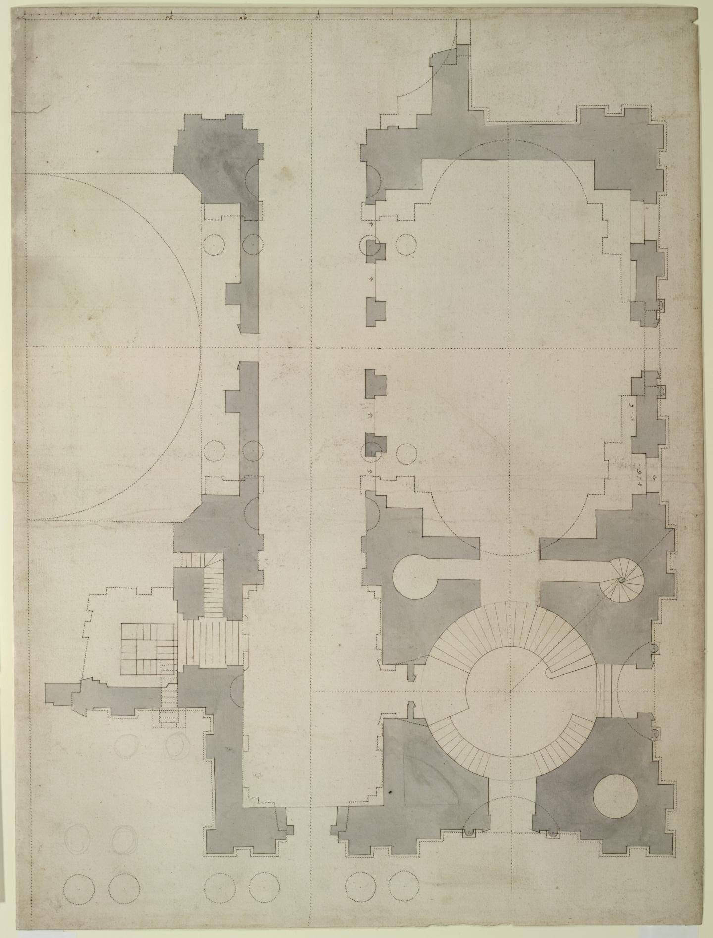 Fig. 7. Study for plan of the south half of the western body at triforium level, showing axis lines. Drawn by Wren and Hawksmoor. Datable, 1685–86 (WRE/3/4/2[D55])