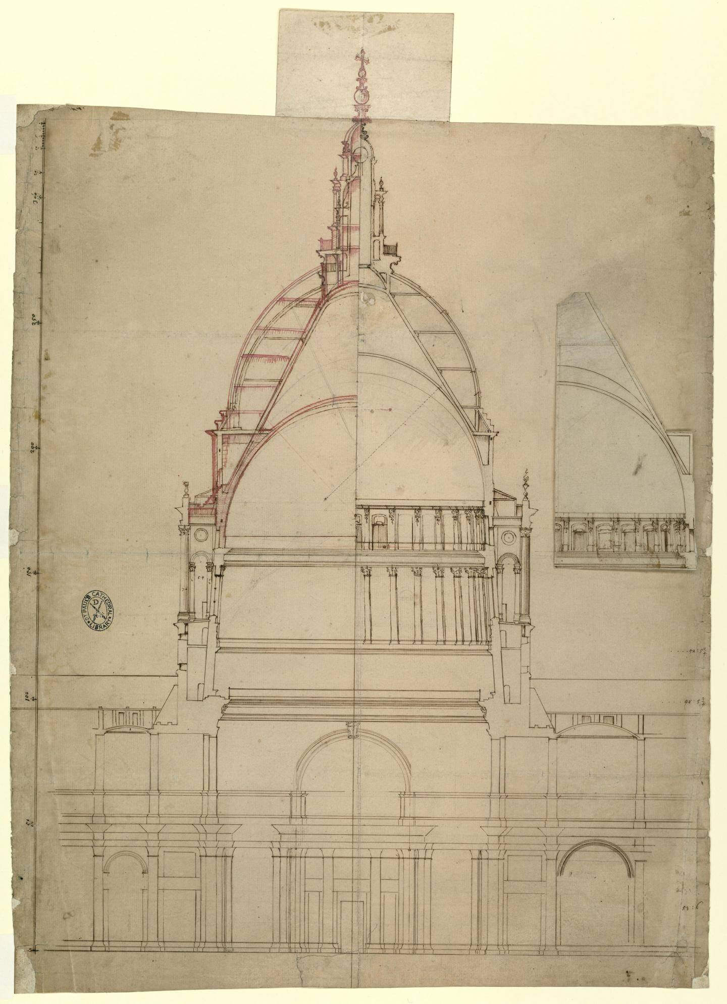 Fig. 8. Section of the dome with variant sections above the internal peristyle, the left one probably by Wren, c.1702–03, the main drawing by William Dickinson, c.1701–02 (WRE/5/3/9[D158])