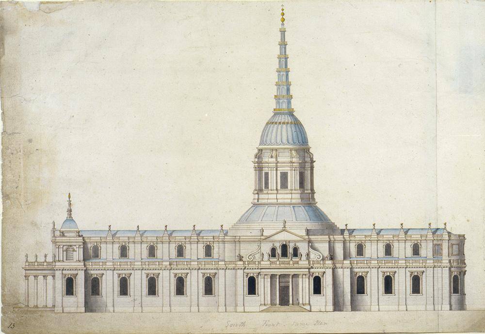 Fig. 1. The Warrant design (authorised 14 May 1675). South elevation, drawn by Wren (© All Souls College, Oxford, G.74)