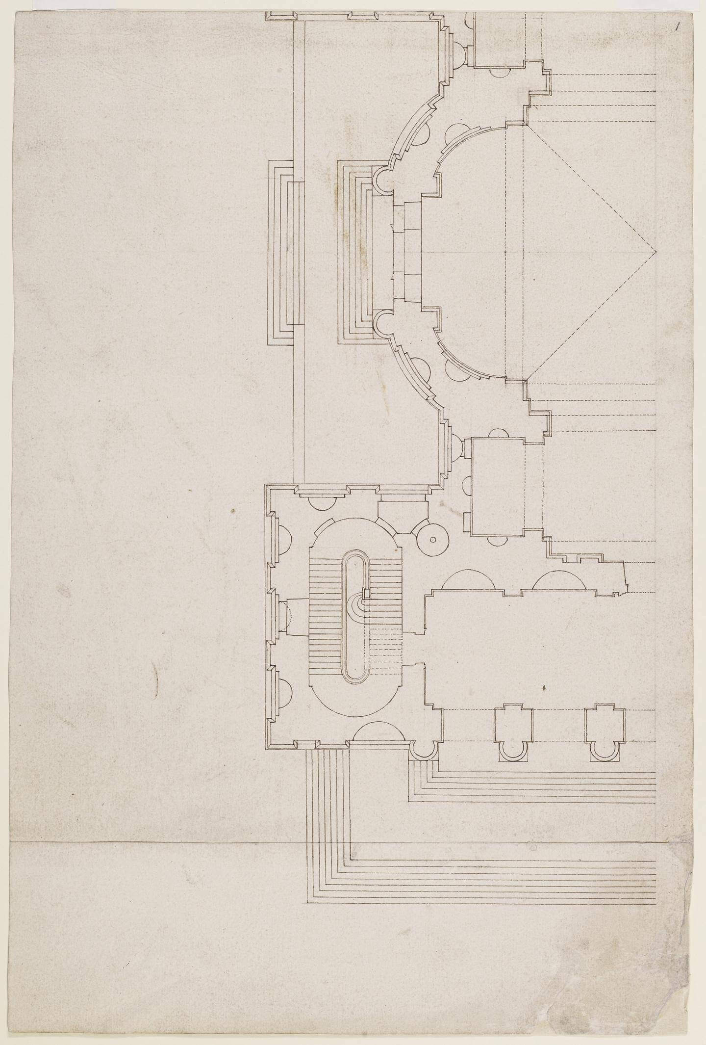 Fig. 6. Preliminary plan of the north half of the west portico and west vestibule, drawn by Wren, 1673 (WRE/1/1 [D1])
