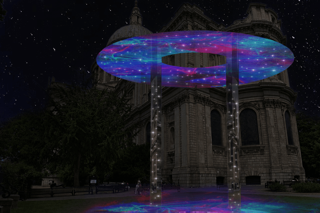 A visualisation of 'Point of Unity' during the night by Mykola Kabluka. A large mirrored structure stands outside the Cathedral, reflecting projected coloured lights.