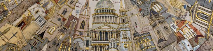 Close up of embroidery on Jubilee Cope depicting St Paul's and Diocese of London churches