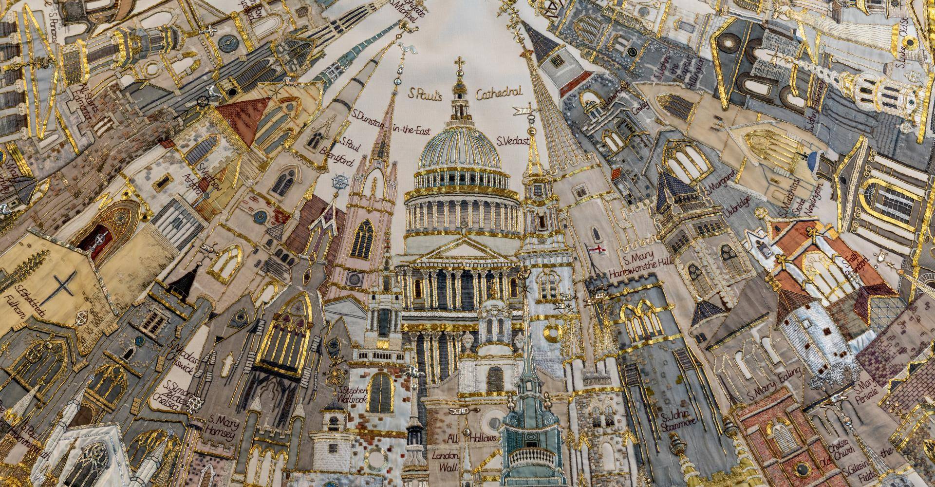 Close up of embroidery on Jubilee Cope depicting St Paul's and Diocese of London churches