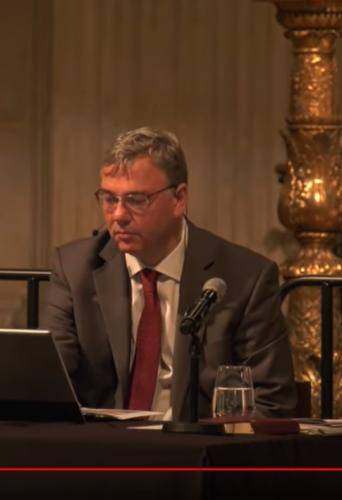 The speakers Helen Bond and Joan Taylor on stage with the chair of the event Andrew Carwood at St Paul's Cathedral