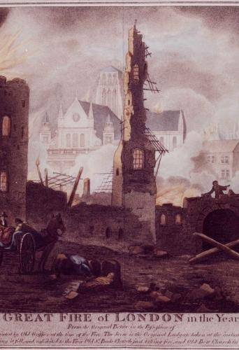 A drawing of the rubble of the old cathedral after the great fire of London