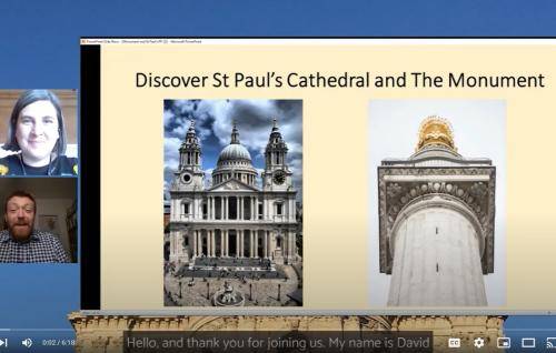 An image of the screen showing the two speakers alongside pictures of The Monument and of St Paul's Cathedral