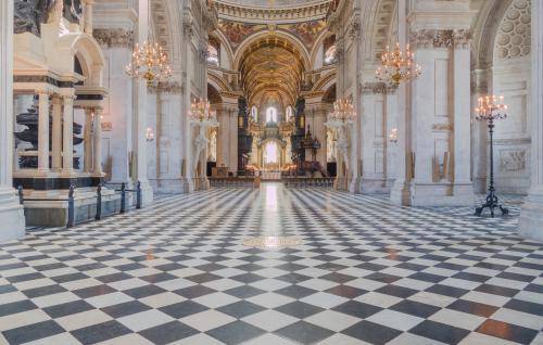 the nave with bright light through windows