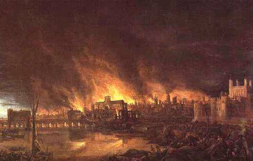 An image of London during the Great Fire with the old cathedral in the centre