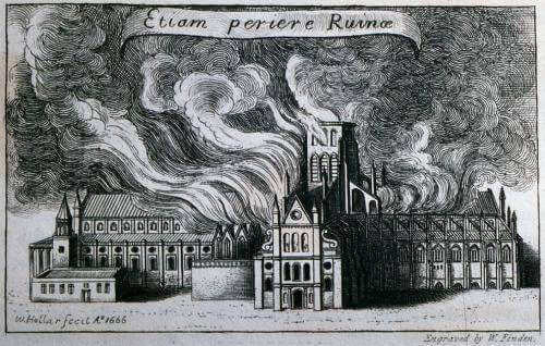 A drawing of Old St Paul's Cathedral on fire