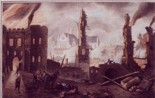 A drawing of the rubble of the old cathedral after the great fire of London