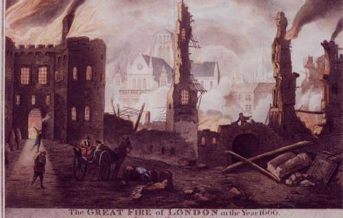 A drawing of the rubble of the old cathedral after the great fire of London