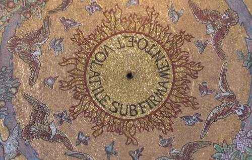 A close up image of the birds of the air mosaic in the cathedral