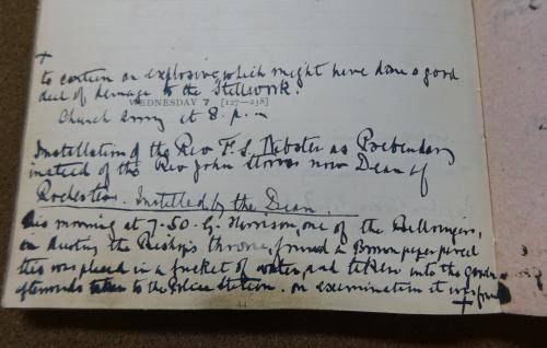 Entry from the Virger’s Diary, 7 July 1913, describing the discovery of an explosive device beneath the Bishop’s Throne (Ref. No. LRat/126)