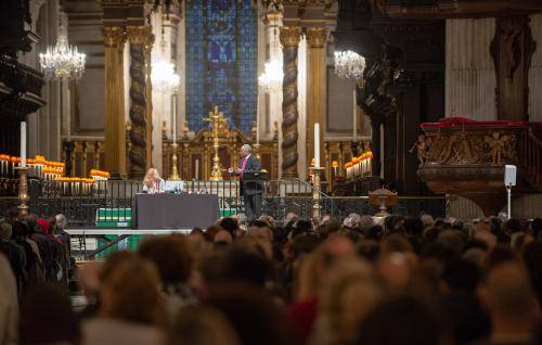 Bishop Curry and Paula Gooder on stage at an Adult Learning event in the cathedral