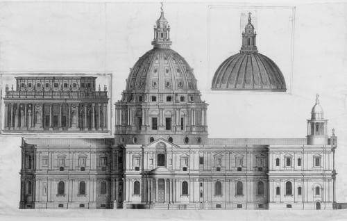 Fig. 1. Engraving of the north elevation, probably by Simon Gribelin, c.1687–88, with cut-outs from a later engraving of the finished dome (St Paul’s Cathedral, SP105)