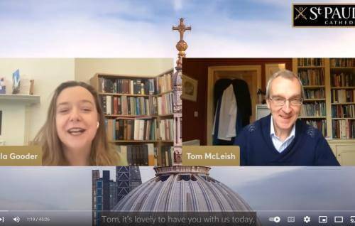 An image from the online conversation with Paula Gooder on screen alongside Tom McLeish
