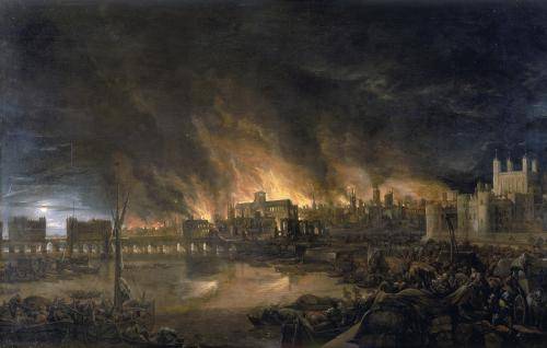 A painting of the city on fire during the great fire of London