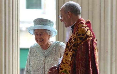 Her Majesty the Queen with the Dean at the entrance to St Paul's Cathedral