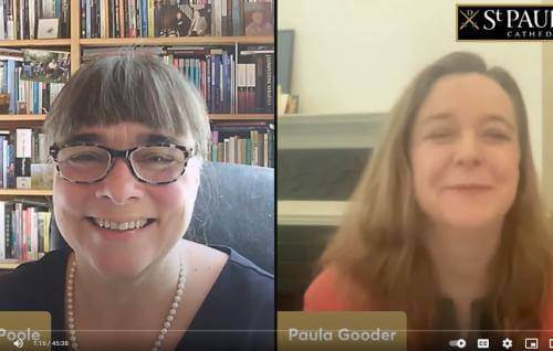A screenshot of Eve Poole and Paula Gooder smiling during their online conversation.