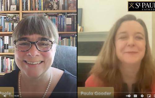 A screenshot of Eve Poole and Paula Gooder smiling during their online conversation.