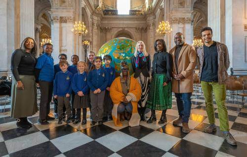 Pupils from St Mary's Islington with art project 'The World Reimagined' founder, Michelle Gayle
