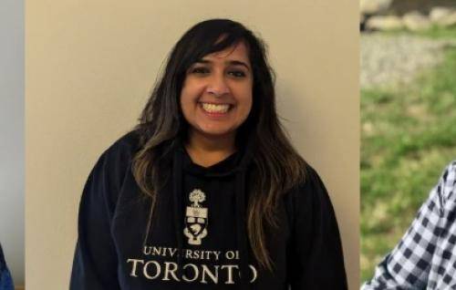 A woman with short grey hair wearing a blue sweater, a woman with long dark hair wearing a black hoodie and a man with blond hair and glasses wearing a checked shirt