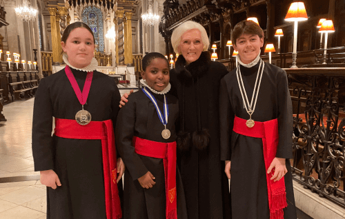 Mary Berry with Choristers Anastasia, Buchi and Hugo.