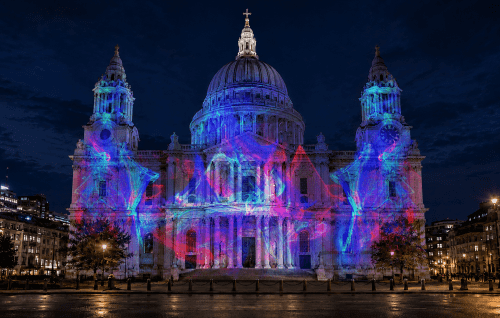 A visualisation of 'Soul' by Mykola Kabluka. Colourful lights are projected onto the west front of the Cathedral.
